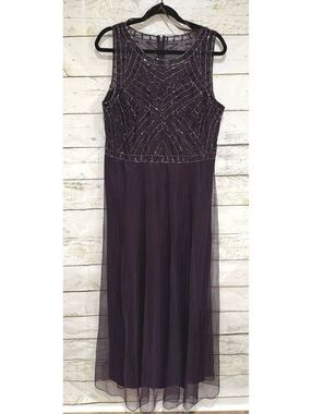 J Kara Sleeveless Illusion Neck Beaded Long Fit and Flare Dress Plum Size 6 NWT